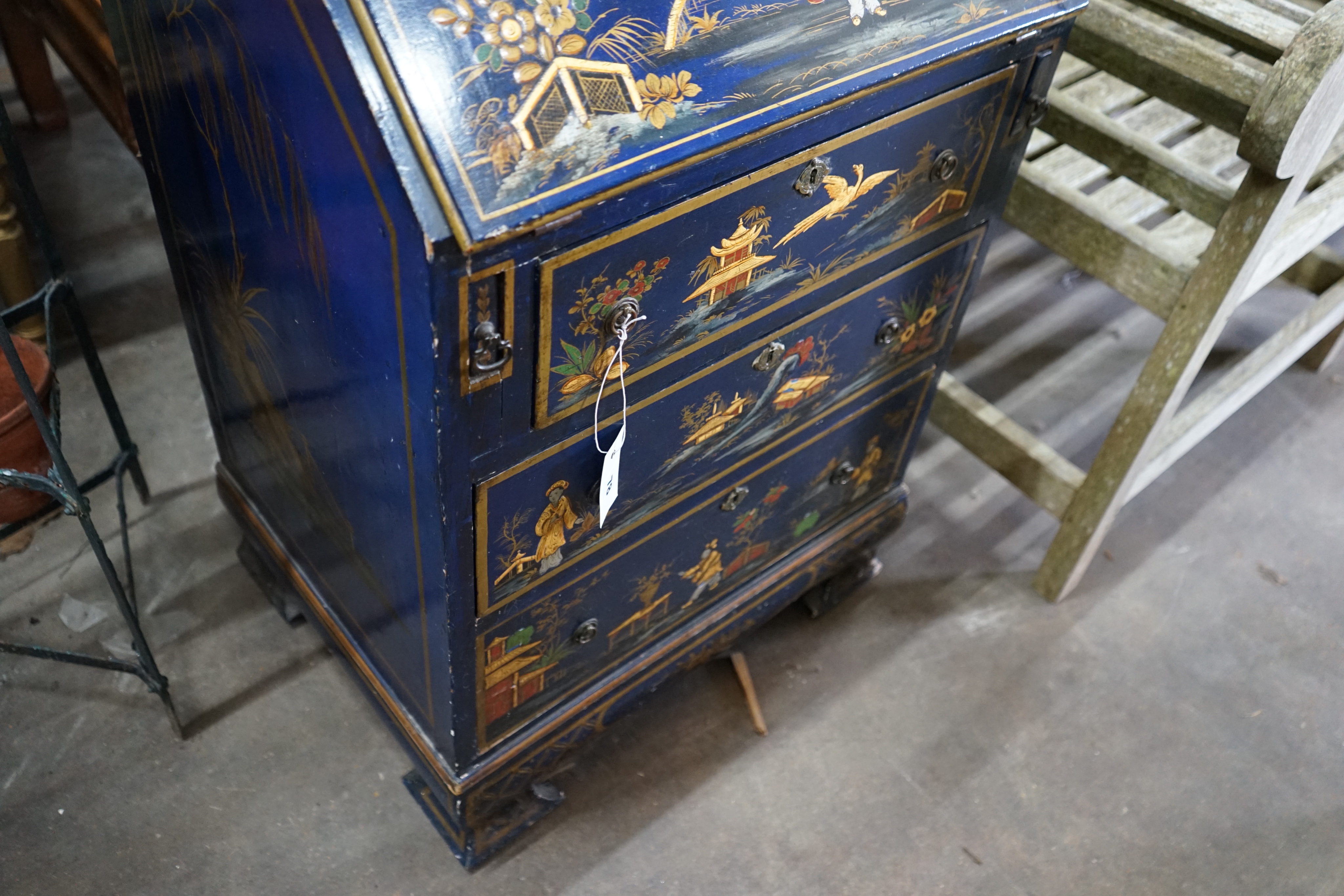 A small 1920's chinoiserie lacquer bureau, width 56cm depth 43cm height 92cm